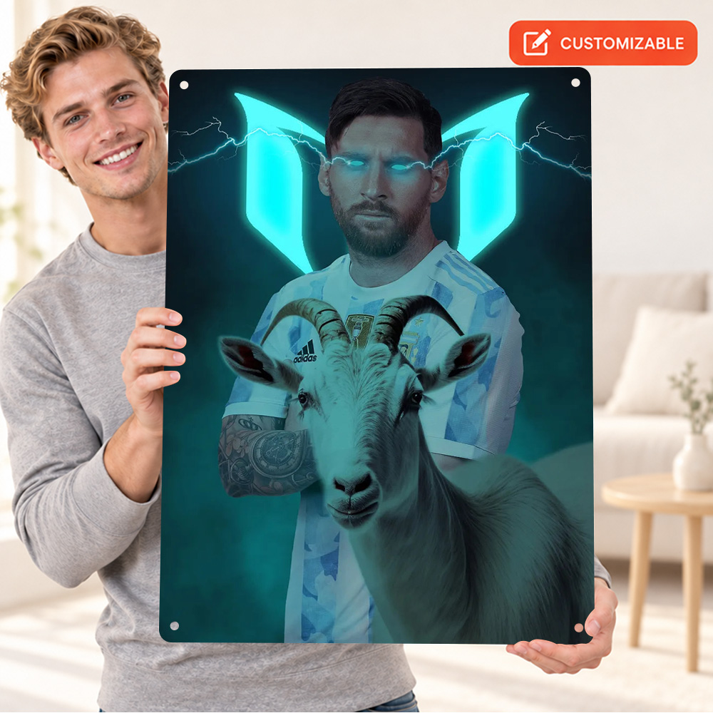 Home Gym Neon Sign - リオネル・メッシと「GOAT」の影をモチーフにしたサッカーのプリントポスター。カスタマイズ可能な金属製のネオングラフィック壁飾り。自宅のジムやスポーツ好きへのプレゼントに最適。